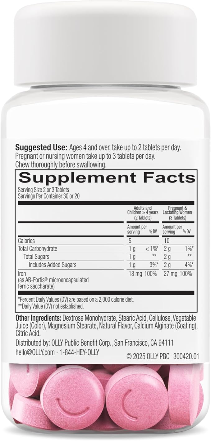 OLLY Delightful Iron Chewable Tablet, Iron Supplement from AB Fortis, Fruit Punch Flavor, 30 or 20 Day Supply - 60 Count (Pack of 2)