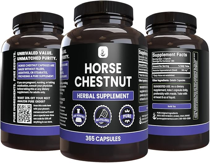 PURE ORIGINAL INGREDIENTS Horse Chestnut (365 Capsule), No Magnesium Or Rice Fillers, Always Pure, Lab Verified