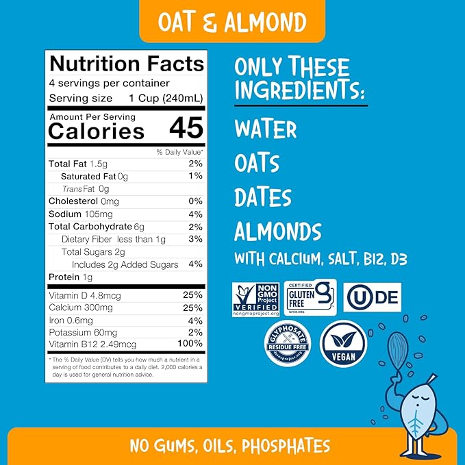 PLANTSTRONG Oat & Almond Milk 32oz (6 Pack) - NON-GMO - Plant Based, Vegan - Gluten Free Dairy Free - Shelf Stable - Lactose Free Milk - No Gums or Oils