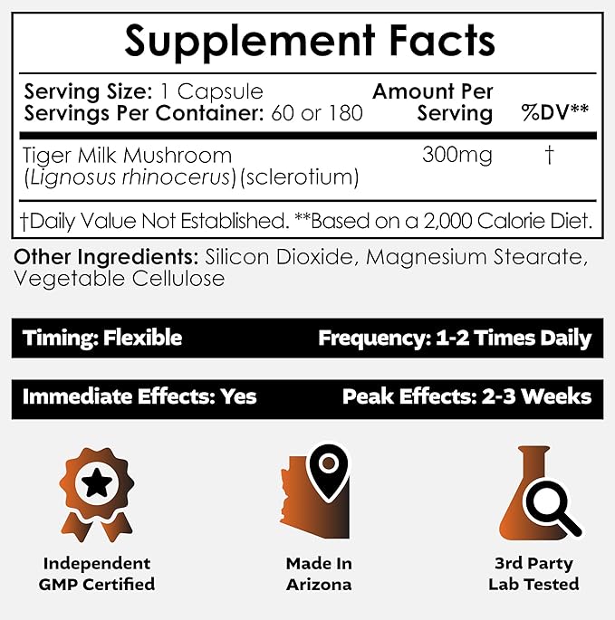Nootropics Depot Tiger Milk Mushroom Capsules | 300mg | 180 Count | Lignosus rhinocerus Sclerotium | Cognition, Histamine, & Respiratory Support