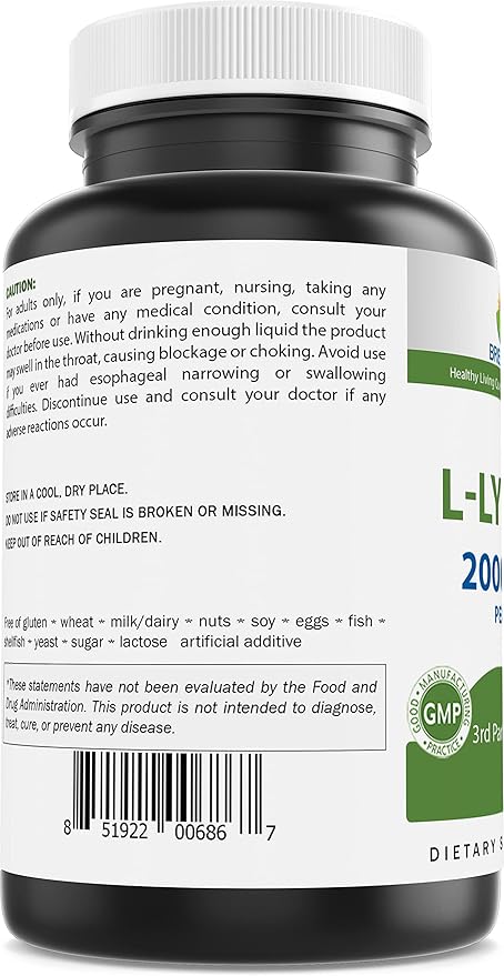 Brieofood L-Lysine 2000mg per Serving - 180 Vegetarian Tablets - Lysine for Cats & Immune Health