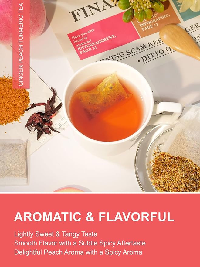 TeeLux Ginger Peach Turmeric Tea Bags, Warm Ginger with Tart Hibiscus & Soothing Chamomile, Tart & Sweet Flavor, Caffeine Free, 100 Count