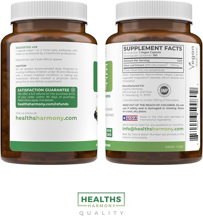 Super Strength Olive Leaf Extract Capsules - Vegan Non-GMO 750mg Olive Extract with 20% Oleuropein Antioxidant Supplement for Immunity Skin and Heart Health Support - Made in The USA (6 Month Supply)