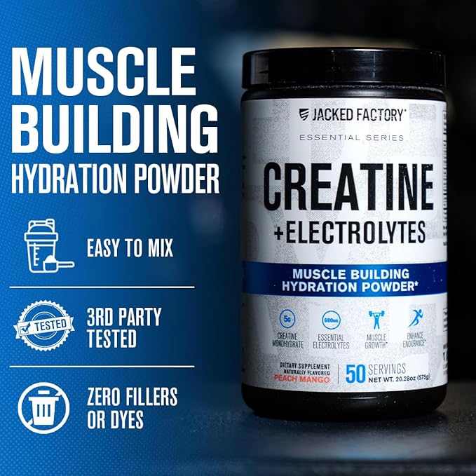 Jacked Factory Creatine + Electrolytes - Creatine Monohydrate with Taurine, Calcium, Sodium, & Potassium to Increase Muscle Growth, Strength, Hydration, & Endurance - 50 Servings, Peach Mango