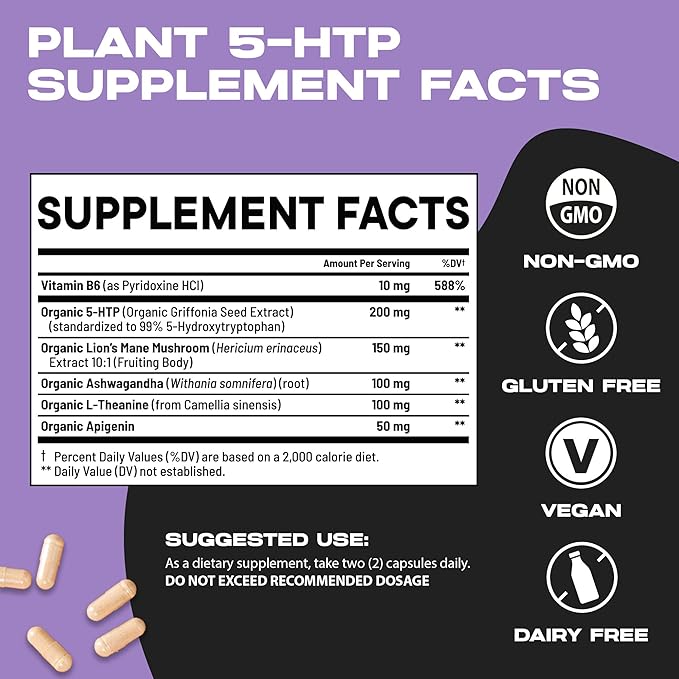 Organic Plant 5 HTP+ Supplement | Supports Memory, Mental Focus, Cognitive Health & Energy | Promotes Healthy Mood & Brain Function | Vitamin B6 & L Theanine | 120 Capsules
