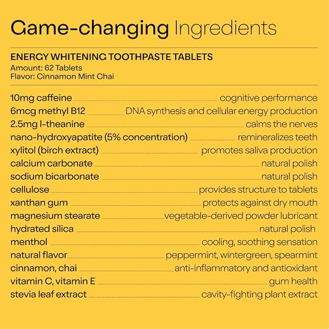 Duo Energy Toothpaste Tablets | Caffeine + B12 w/Nano-Hydroxyapatite (nHa) - Whitening, Remineralize & Reduce Sensitivity | Sustainable & Plastic Free | Cinnamon Mint Chai, 1 BTL/62 Tablet