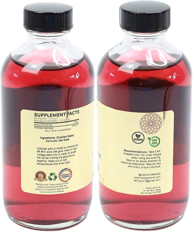 I Am Joy: Liquid Colloidal Gold 24k 99.99% Pure 100ppm Ruby Red Water Based All Natural Electrolysis Large 8oz Glass Bottle