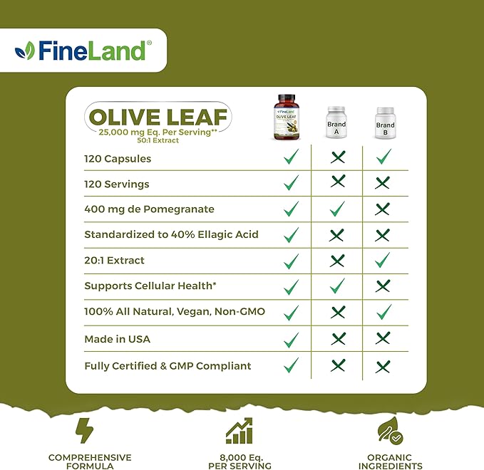 FineLand Olive Leaf Extract 50x – 25,000mg Eq. per Serving | 160 Vegan Caps, Olive Extract with 20% Oleuropein | Herbal Antioxidant Supplement for Circulatory and Immune Support, Made in USA