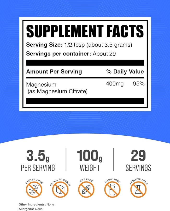 BulkSupplements.com Magnesium Citrate Powder - Magnesium 400mg Supplement, Easily Absorbable - Pure & Gluten Free, 3.5g per Serving, 100g (3.5 oz) (Pack of 1)