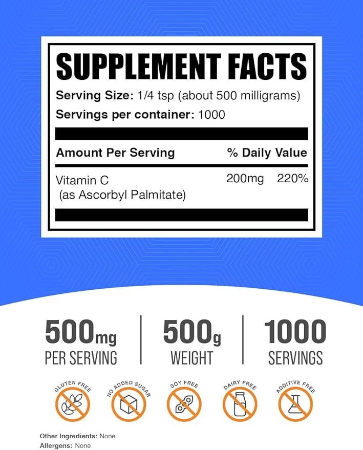 BulkSupplements.com Ascorbyl Palmitate Powder - Vitamin C Ester, Vitamin C Supplement - Gluten Free, 500mg per Serving, 500g (1.1 lbs) (Pack of 1)