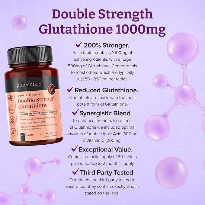 pureclinica Glutathione 1000mg – 120 Tablets (2 x 60) | High Strength with 500mg Glutathione, 300mg ALA, 200mg Vitamin C | Antioxidant & Detox Support, 1-a-Day