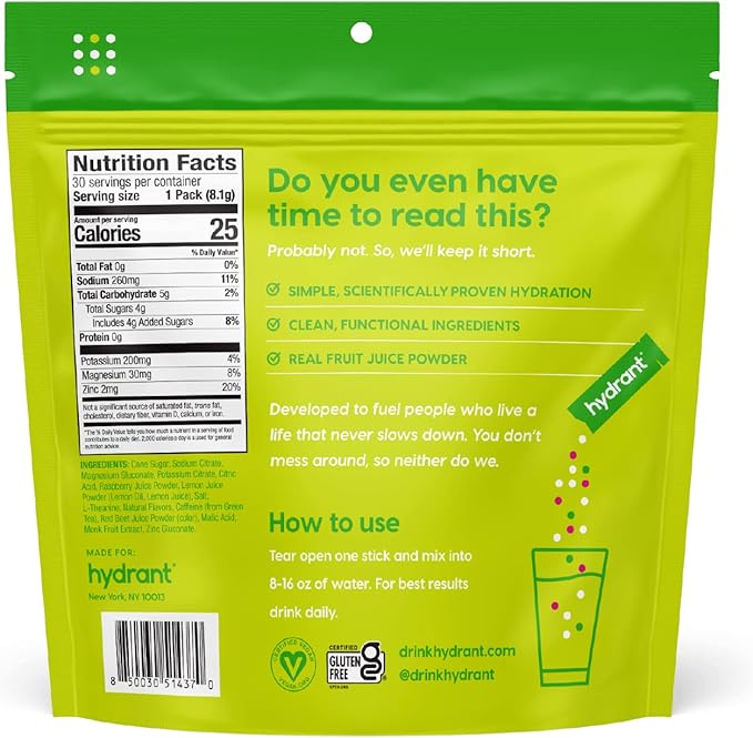 Hydrant Energy 30 Stick Pack, Caffeine & L-Theanine Rapid Hydration Mix, Electrolyte Hydration Powder Packets with Zinc (Raspberry Lemonade, 30 Count)