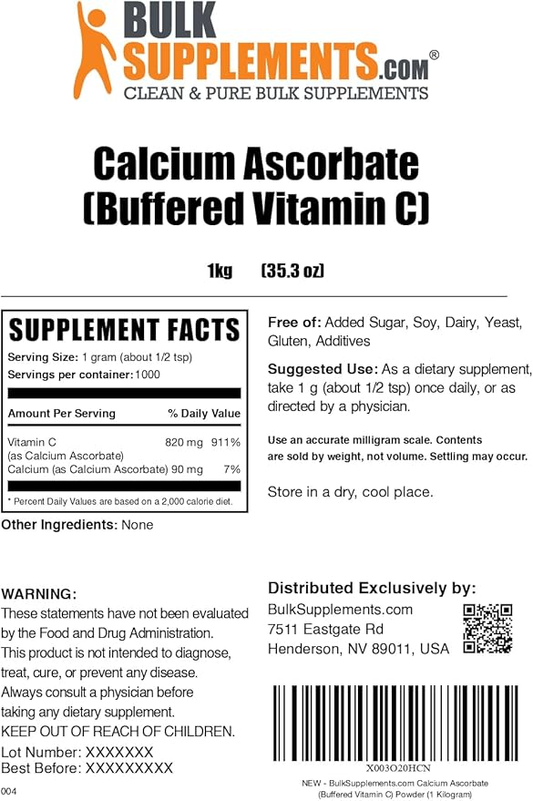 BulkSupplements.com Calcium Ascorbate Powder - Buffered Vitamin C, Calcium Supplement with Vitamin C - Gluten Free, 1g per Serving, 1kg (2.2 lbs) (Pack of 1)