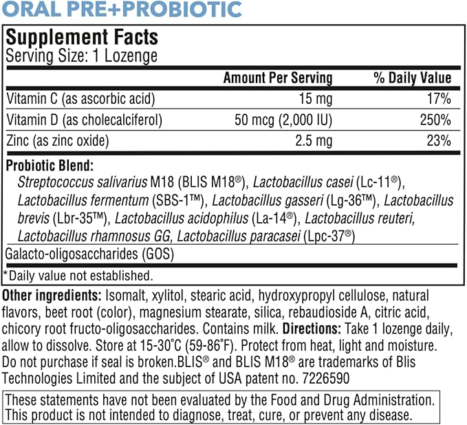 StellaLife Probiotics Oral PRE+PROBIOTICS LOZENGES: 27B CFU, 11 Strains, Dental Probiotics for Healthy Teeth/Gums, Bad Breath, VIT C & D, Zinc, Strawberry Flavor (30-Day Supply)
