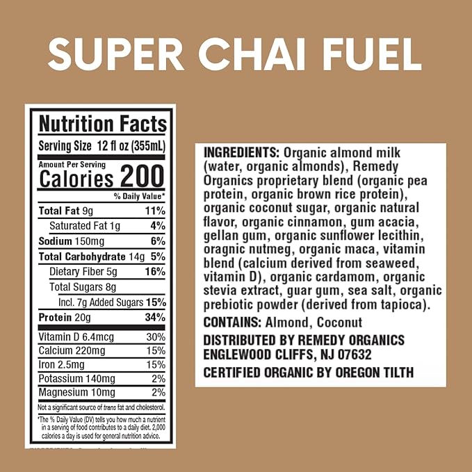 Remedy Organics Super Chai Fuel 12-Pack | Plant Based 20g Protein Shakes, Ready to Drink | USDA Organic, Gluten Free, Dairy Free, Soy Free