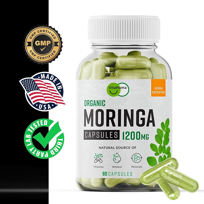 Organic Moringa, Nutrient-Dense Antioxidant Support with Vitamin C, A, E, Calcium, Potassium, Iron, Magnesium, Protein & Amino Acids for Hydration & Energy, Vegan, 1200 MG Per Serving, 90 CT