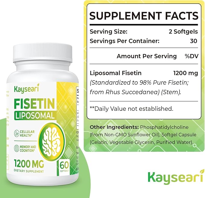 Fisetin 1200mg Liposomal Fisetin Supplements 98% Pure Fisetin Polyphenols Antioxidants Immunity Health Aging Cognitive Support Non-GMO 60 Capsules