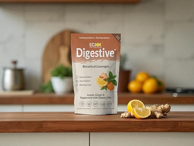 Digestive Blend Functional Hard Candy | Nausea, Travel Sickness, Stomach Gut Upset | Organic Lemon, Ginger, Peppermint, Slippery Elm | Gluten-Free, Non-GMO, Vegan - 24 Count (Pack of 1)