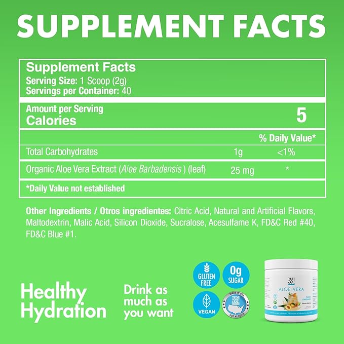 Yes You Can! Organic Aloe Vera Powder Drink Mix - Hydration Booster Infused with Pure Aloe Juice - Delicious Flavors - Made in USA - Antioxidant Rich - Peach Lemonade Flavor - 40 Servings Per Canister (2 Pack)