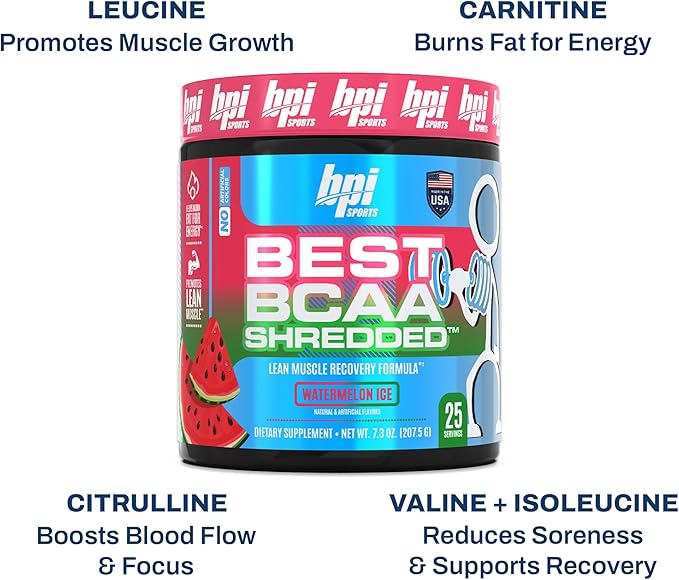 BPI Sports Best BCAA Shredded - Caffeine Free Thermogenic Recovery Drink, Lean Muscle Building BCAA Powder For Women and Men, Preworkout BCAAs Amino Acids Drink- Watermelon ICE - 25 Servings