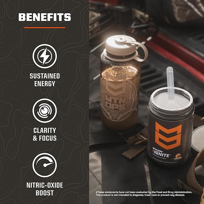 MTN OPS Ignite Trail Packs Energy Drink Powder, Gluten Free Nootropic Supplement Drink Mix, L Arginine, L Citrulline, Caffeine & Nootropic Sugar Free Drink Mix, 20 Servings, Bugle Berry
