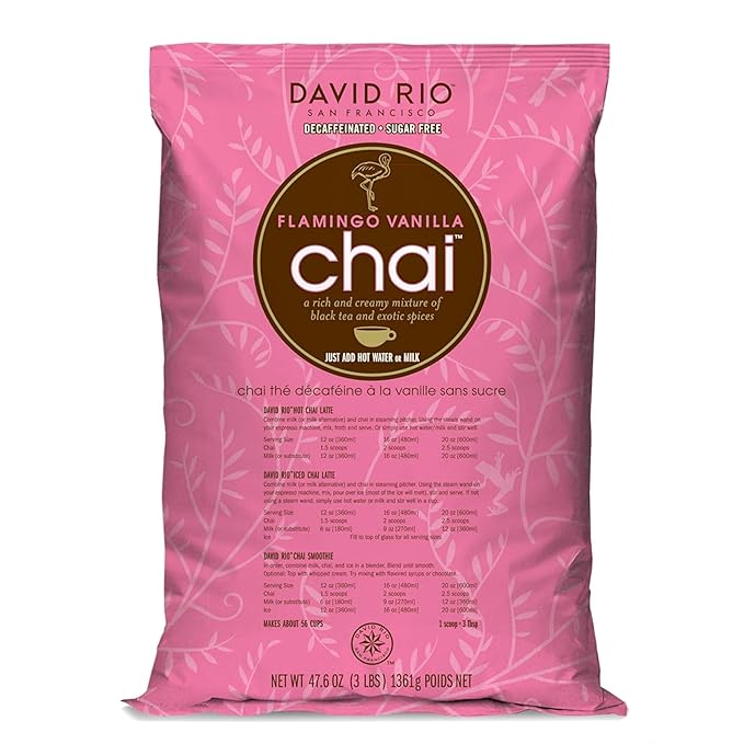Flamingo Vanilla Decaffeinated Reduced Calorie Chai Tea Latte Mix, 48 Oz, Decaf Black Tea, Organic Spices, Sugar Free, Dairy Free, Serve Hot or Cold, Just Add Water or Milk, 56 Servings