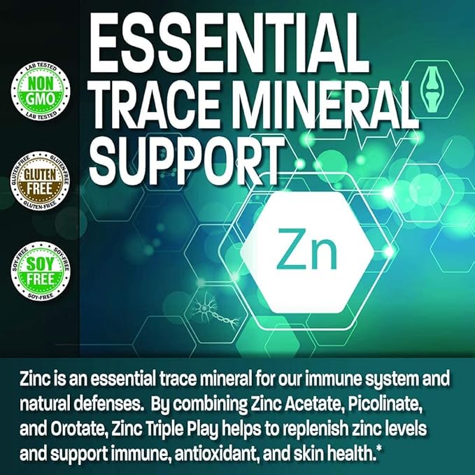 Bronson Zinc Triple Play 30mg Triple Coverage Immune Support with Zinc Acetate, Picolinate & Orotate - Immune, Antioxidant & Skin Health Support - 250 Vegetarian Capsules