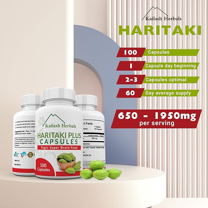 Organic Haritaki Capsules - Improves Digestion - Detoxification & Rejuvenation – Maintains Regularity - Brain Function- 100 Capsules Terminalia chebula | Vegan, Non-GMO