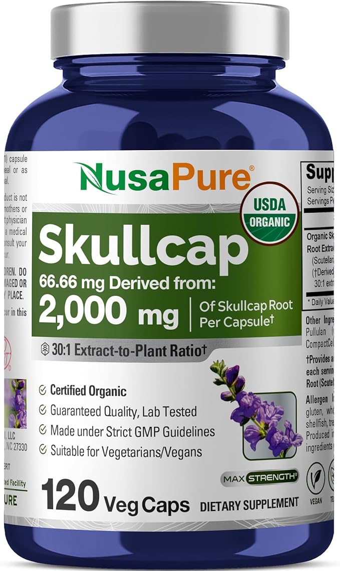 NusaPure Organic Skullcap Root 30:1 Extract, 66.66 mg Equivalent to 2,000mg Per Veggie Caps 120 Count (Non-GMO, Vegan)
