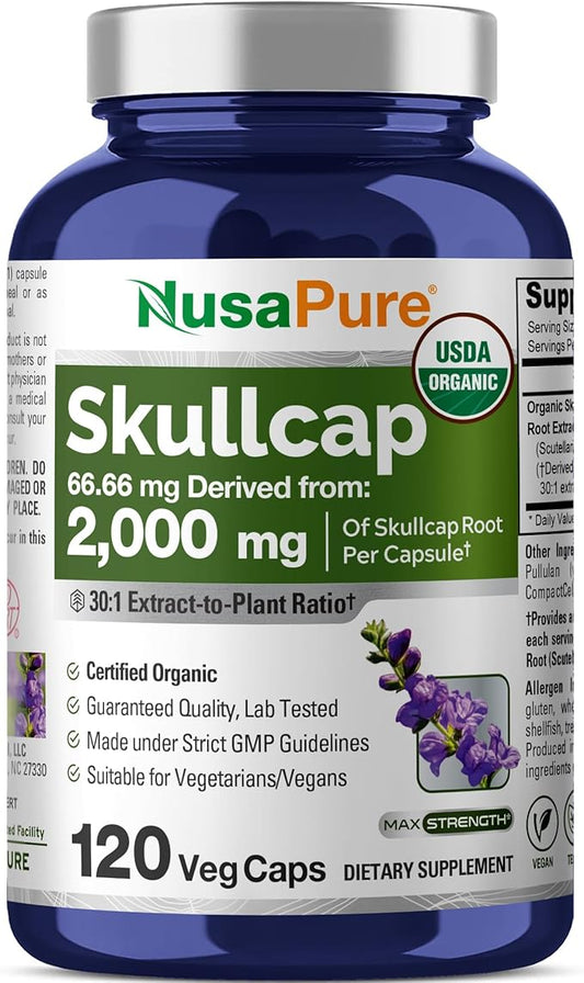 NusaPure Organic Skullcap Root 30:1 Extract, 66.66 mg Equivalent to 2,000mg Per Veggie Caps 120 Count (Non-GMO, Vegan)