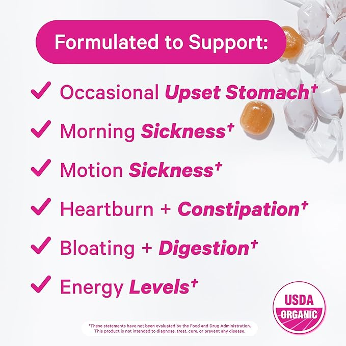 Pink Stork Morning Sickness Sweets, Organic Mango Ginger Candy with Vitamin B6 for Morning Sickness, Motion Sickness, Prenatal Heartburn - Pregnancy Must Haves - 30 Wrapped Drops