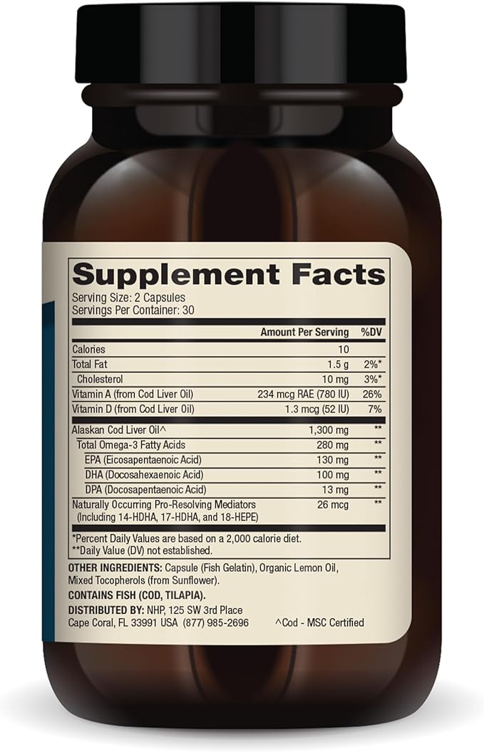 Dr. Mercola Cod Liver Oil, 1,300 mg Per Serving, 30 Servings (60 Capsules), Dietary Supplement, Supports Brain, Bone and Joint Health, Non-GMO, MSC Certified