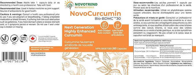 NovoCurcumin Bio-BDMC30-60 Capsules- Next Generation Highly Enhanced Curcumin