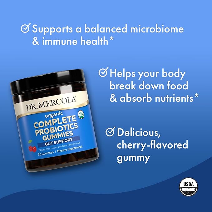 Dr. Mercola Complete Probiotics Gummies, 30 Servings (30 Gummies), 5 Billion CFU per Gummy, Dietary Supplement, Digestive Support, Non-GMO, Certified USDA Organic