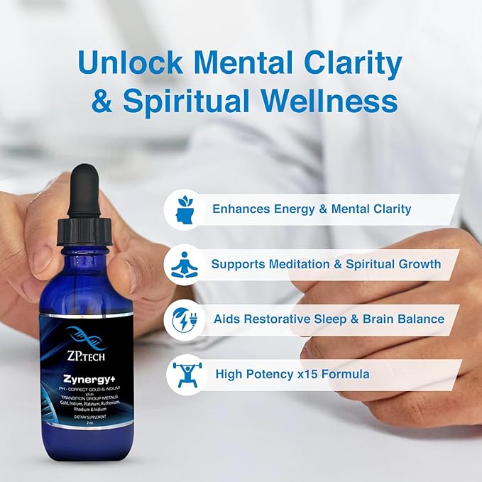 Zynergy Plus Colloidal Ormus Gold Liquid | All Natural, Pure Monoatomic 24k Food Grade Mineral Au & Indium | Ormus Gold Oil Supports Pineal Gland, Anti-Aging, Meditation, Yoga, Third Eye