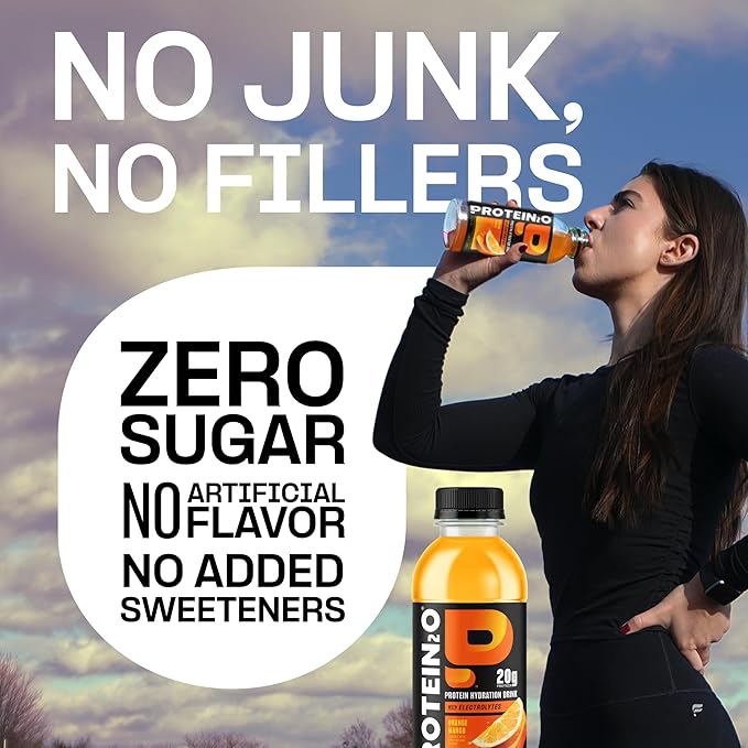 Protein2o Hydration Drink - 2-in-1 Liquid Clear Whey Protein Isolate and Electrolyte Drink - 20g Protein, Vitamins B5, B6 - Post-Workout Recovery - 16.9 Fl Oz - 12 Count Orange Mango