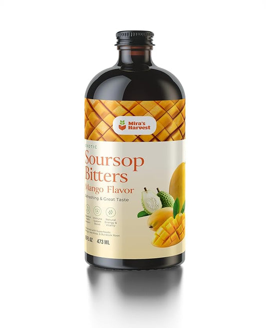 Mira's Harvest Soursop Bitters Liquid Mango Flavor, Premium Grade For Immune Boost, with Irish Moss, Burdock Root, African Mango 16oz