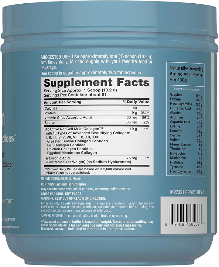 NeoCell Multi Collagen Bio-Peptides Powder | 22oz | Advanced with Hyaluronic Acid and Vitamin C | 10 Super Types of Collagen | Superior Absorption | Grassfed Protein Supplement |