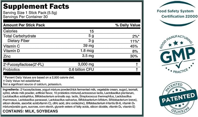 MOMSTAMIN Premium 3,000mg Human Milk Oligosaccharide (HMO 2'-FL) Prebiotic Probiotic Powder Supplement for Immunity Digestion Metabolism Gut Health, Clinically Researched (30 Sticks, 1 Month)