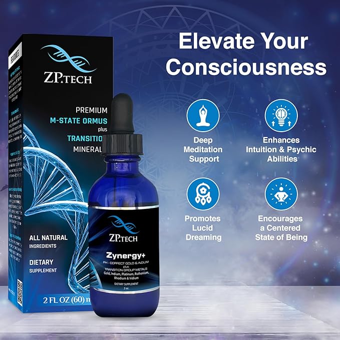 Zynergy Plus Colloidal Ormus Gold Liquid | All Natural, Pure Monoatomic 24k Food Grade Mineral Au & Indium | Ormus Gold Oil Supports Pineal Gland, Anti-Aging, Meditation, Yoga, Third Eye