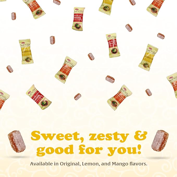 Pocas Lemon Ginger Chews - Sweet and Zesty Ginger Chew, Individually Wrapped Low-Calorie Snacks, Ginger Candy Made with Pure Cane Sugar, 3 Oz Ea (Pack of 4)