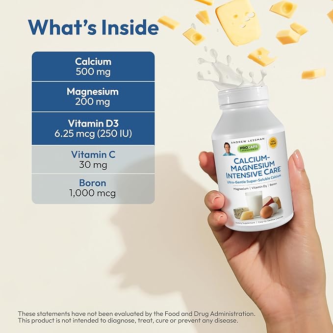 ANDREW LESSMAN Calcium Magnesium Intensive Care 1000 Capsules - Bone and Skeleton Health Essentials. Easy to Swallow Capsules, Super Soluble Fine Powder. Gentle to Even The Most Sensitive Stomachs