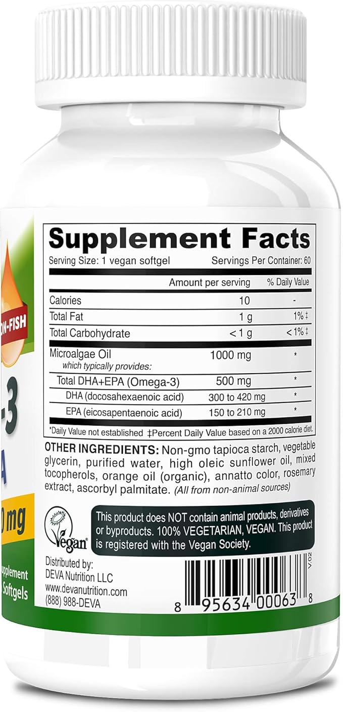 DEVA Vegan Omega-3 DHA-EPA 500MG 2-Pack – No Carrageenan, Non-Fish Oil Derived from Algae, Non-GMO, 60 Gelatin-Free Softgels Ea