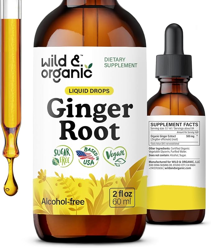 Wild & Organic Ginger Extract Liquid Drops - Immune & Digestive Support - Liquid Ginger Root Supplement - Vegan, Sugar & Alcohol-Free Tincture - 2 fl oz