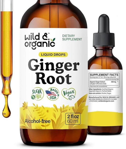 Wild & Organic Ginger Extract Liquid Drops - Immune & Digestive Support - Liquid Ginger Root Supplement - Vegan, Sugar & Alcohol-Free Tincture - 2 fl oz