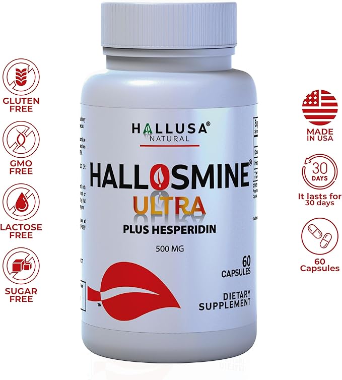 Hallosmine Ultra Diosmin 500mg & Hesperidin 150mg + Free Cream for Veins – Circulation & Vein Wellness – Heavy Legs, Tired Legs, Visible Veins – 180 Capsules (3 Bottles) + 4 oz Cream