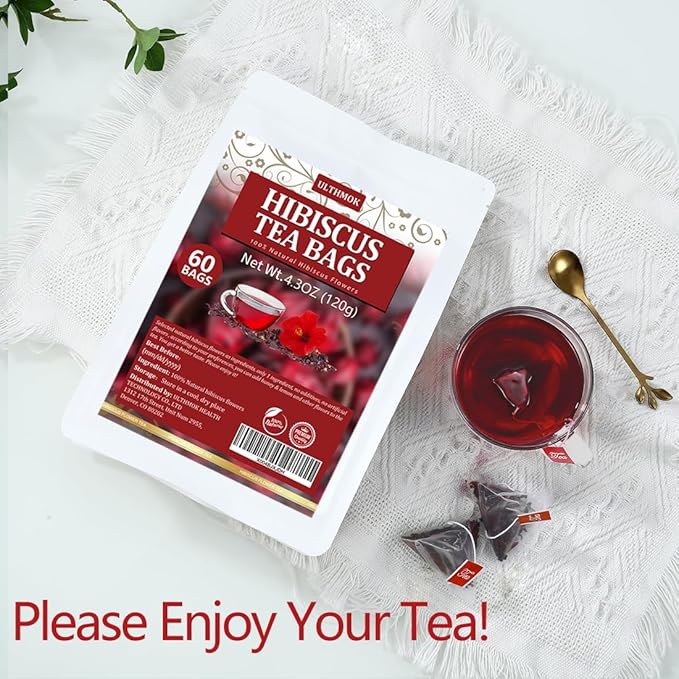 Premium Hibiscus Tea Bags,60 Tea Bags 2g /4.24 Oz,100% Pure Dried Hibiscus Flower,Natural & No Additives,Caffeine Free.