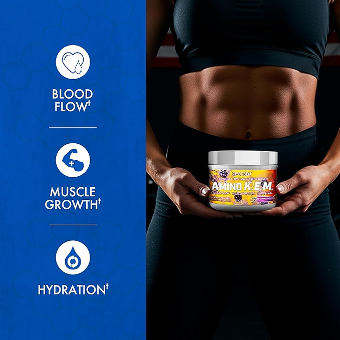 Evogen Amino K.E.M. - EAA & BCAA Powder Pump Volumizer | BCAAs Amino Acids Supplement for Blood Flow, Muscle Growth, & Hydration | BlackBerry Lemonade | 30 Servings