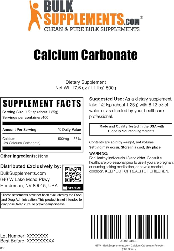 BulkSupplements.com Calcium Carbonate Powder - Calcium Carbonate Food Grade, High Absorption - Gluten Free, 1.25g per Serving, 500g (1.1 lbs) (Pack of 1)