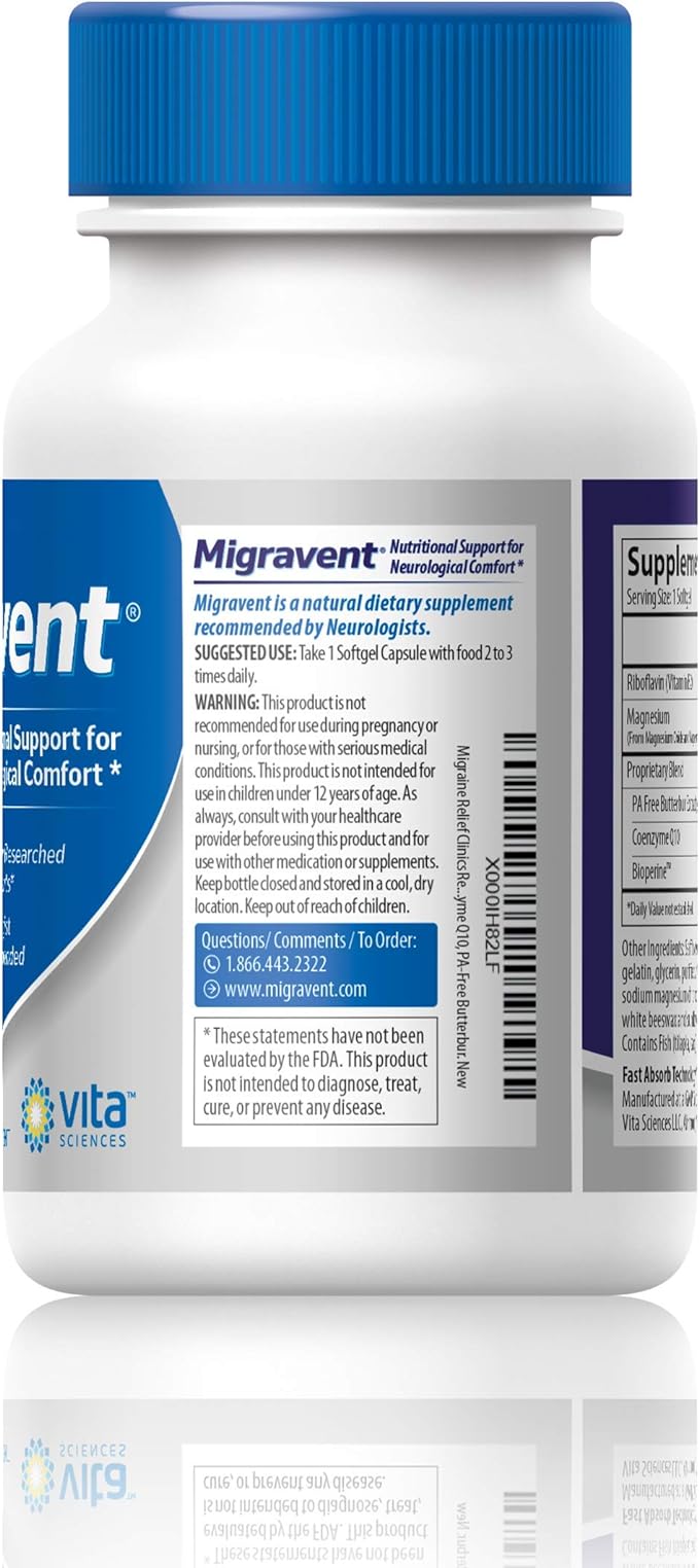 Vita Sciences Migravent Migraine Relief Supplement w/Vitamin B2, Riboflavin, Magnesium, Coenzyme CoQ10, PA-Free Butterbur, Bioperine, Premium Herbal Extracts 60 Count